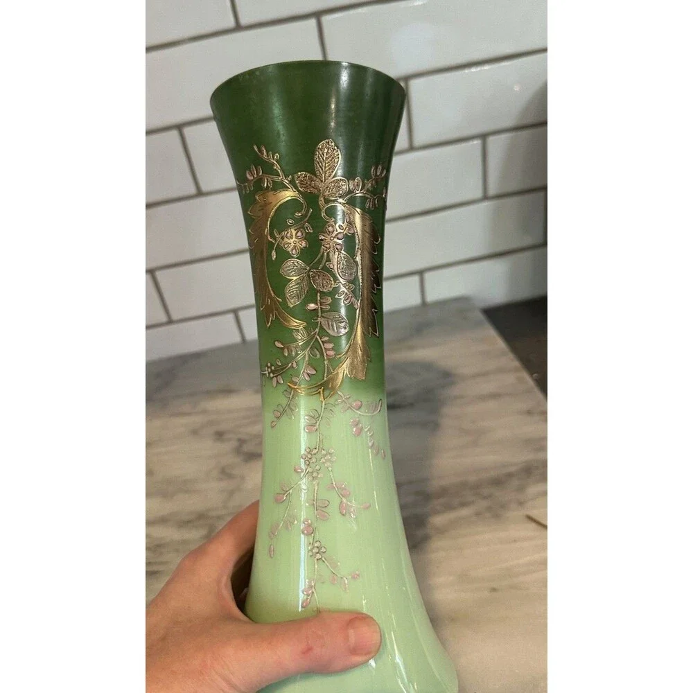Opaline Two Tone Green Art Glass Gilt Flowers Hand Painted Vase Victorian 11.5